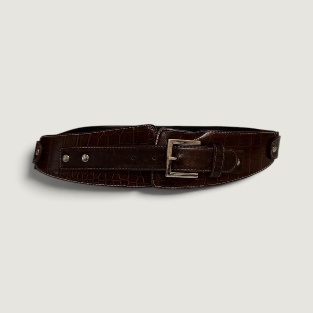 Brown Croc Embossed Wide Waist Belt Faux Leather Silver Buckle Cinch Belt Medium